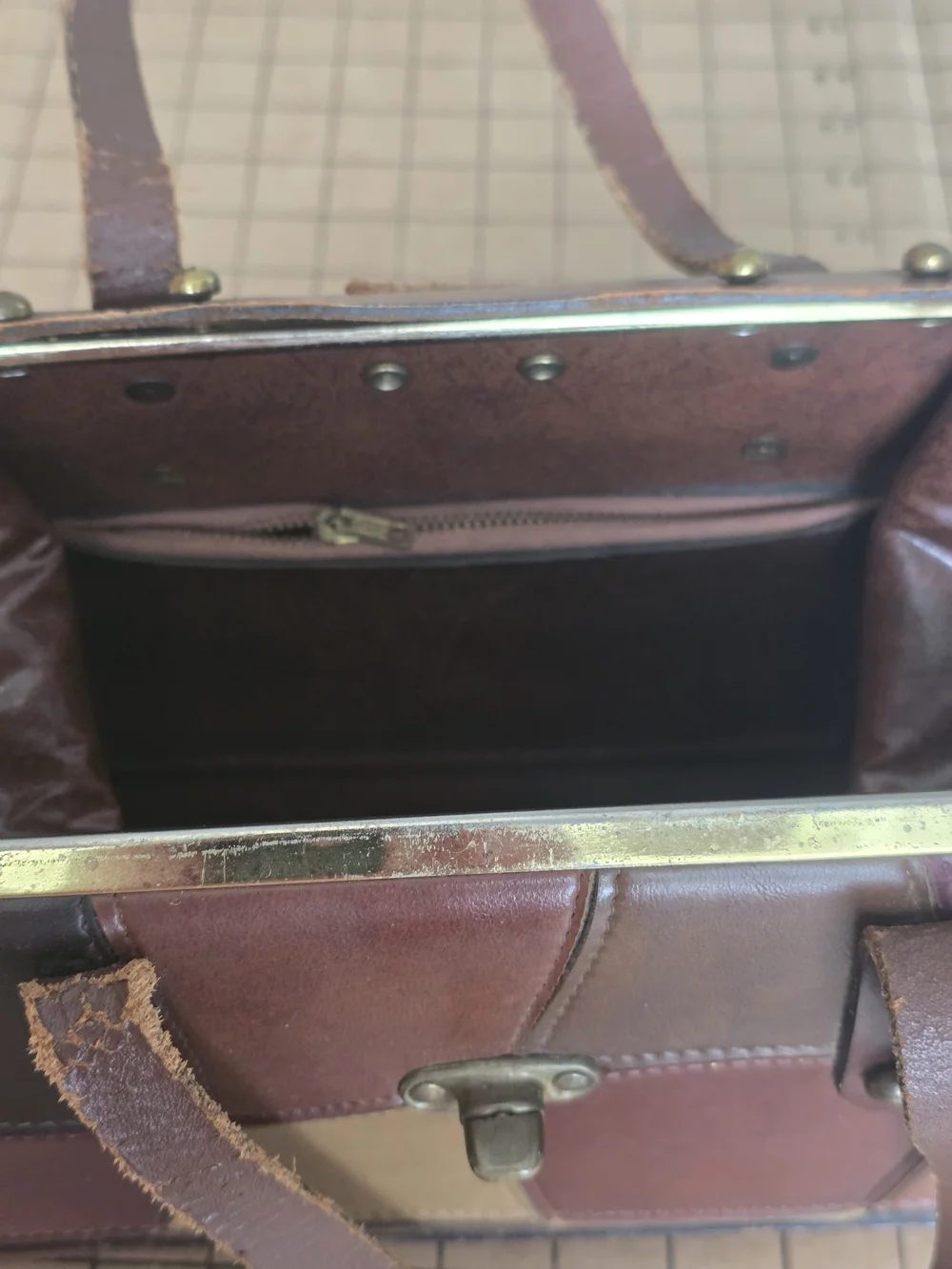 Burlington Patchwork Leather Frame Satchel  Vintage Boho Handbag